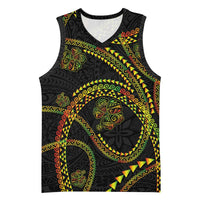 Hawaiian Kakau Art and Hisbiscus Tattoo Basketball Jersey Tribal Pattern-Reggae Style LT03 Unisex Black - Polynesian Pride