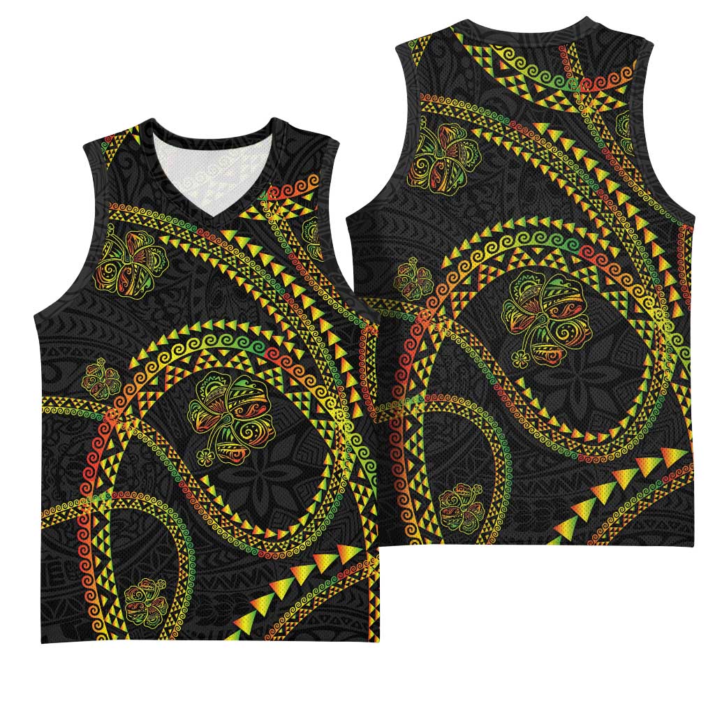 Hawaiian Kakau Art and Hisbiscus Tattoo Basketball Jersey Tribal Pattern-Reggae Style LT03 - Polynesian Pride