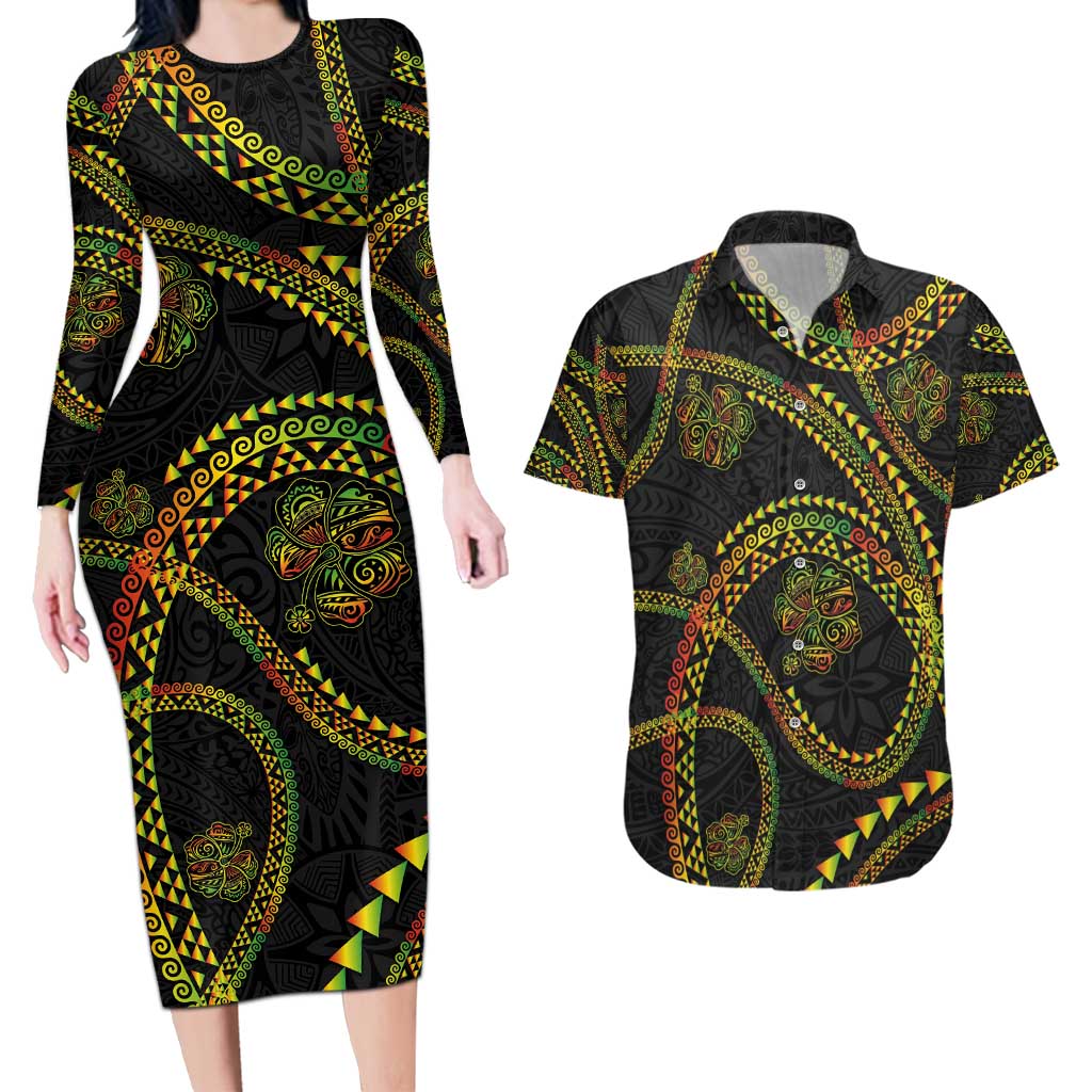 Hawaiian Kakau Art and Hisbiscus Tattoo Couples Matching Long Sleeve Bodycon Dress and Hawaiian Shirt Tribal Pattern-Reggae Style LT03 Black - Polynesian Pride
