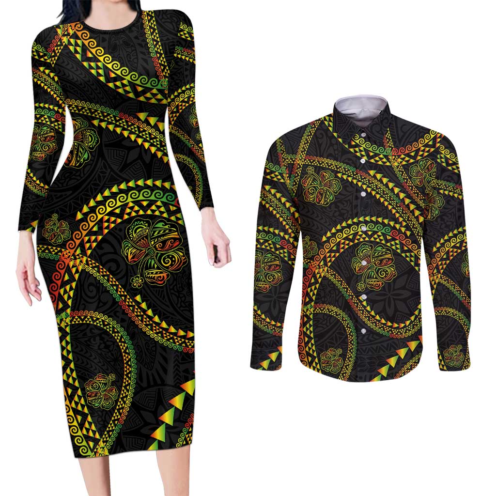 Hawaiian Kakau Art and Hisbiscus Tattoo Couples Matching Long Sleeve Bodycon Dress and Long Sleeve Button Shirt Tribal Pattern-Reggae Style LT03 Black - Polynesian Pride