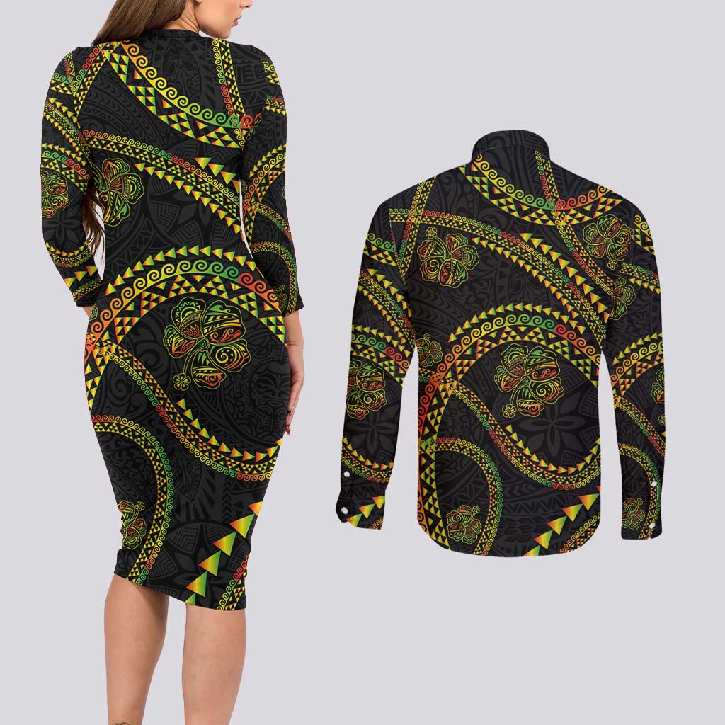 Hawaiian Kakau Art and Hisbiscus Tattoo Couples Matching Long Sleeve Bodycon Dress and Long Sleeve Button Shirt Tribal Pattern-Reggae Style LT03 - Polynesian Pride