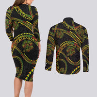 Hawaiian Kakau Art and Hisbiscus Tattoo Couples Matching Long Sleeve Bodycon Dress and Long Sleeve Button Shirt Tribal Pattern-Reggae Style LT03 - Polynesian Pride