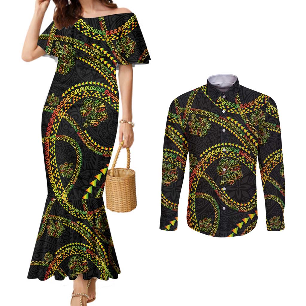 Hawaiian Kakau Art and Hisbiscus Tattoo Couples Matching Mermaid Dress and Long Sleeve Button Shirt Tribal Pattern-Reggae Style LT03 Black - Polynesian Pride
