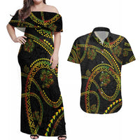 Hawaiian Kakau Art and Hisbiscus Tattoo Couples Matching Off Shoulder Maxi Dress and Hawaiian Shirt Tribal Pattern-Reggae Style LT03 Black - Polynesian Pride
