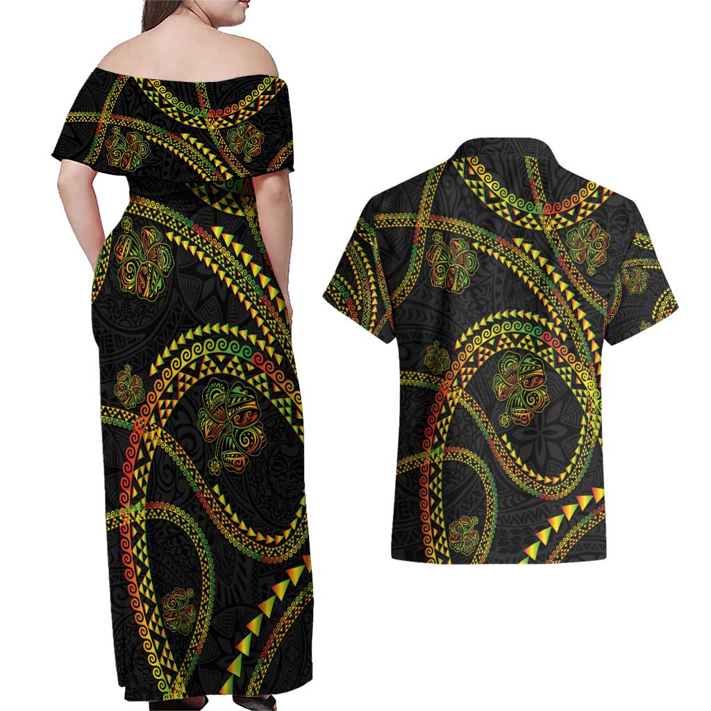 Hawaiian Kakau Art and Hisbiscus Tattoo Couples Matching Off Shoulder Maxi Dress and Hawaiian Shirt Tribal Pattern-Reggae Style LT03 - Polynesian Pride