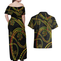 Hawaiian Kakau Art and Hisbiscus Tattoo Couples Matching Off Shoulder Maxi Dress and Hawaiian Shirt Tribal Pattern-Reggae Style LT03 - Polynesian Pride