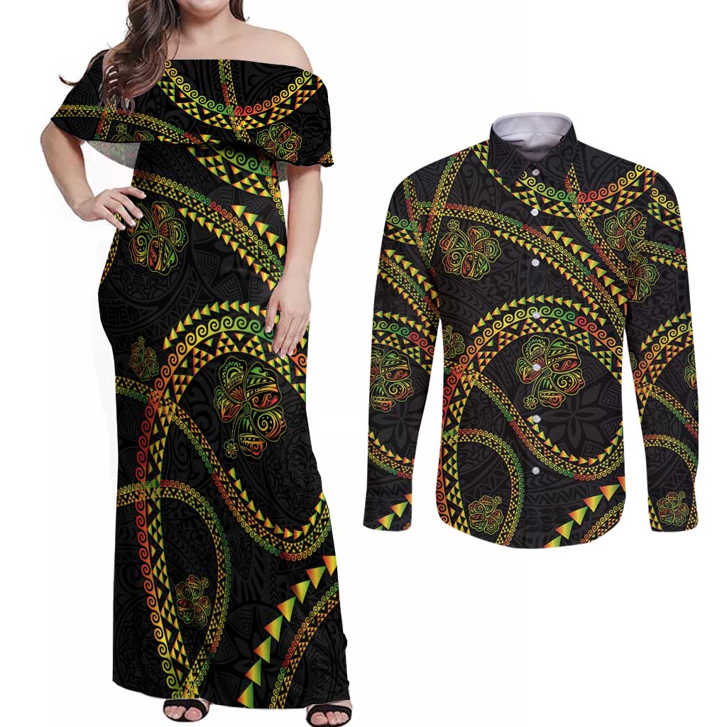 Hawaiian Kakau Art and Hisbiscus Tattoo Couples Matching Off Shoulder Maxi Dress and Long Sleeve Button Shirt Tribal Pattern-Reggae Style LT03 Black - Polynesian Pride