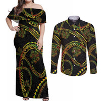 Hawaiian Kakau Art and Hisbiscus Tattoo Couples Matching Off Shoulder Maxi Dress and Long Sleeve Button Shirt Tribal Pattern-Reggae Style LT03 Black - Polynesian Pride