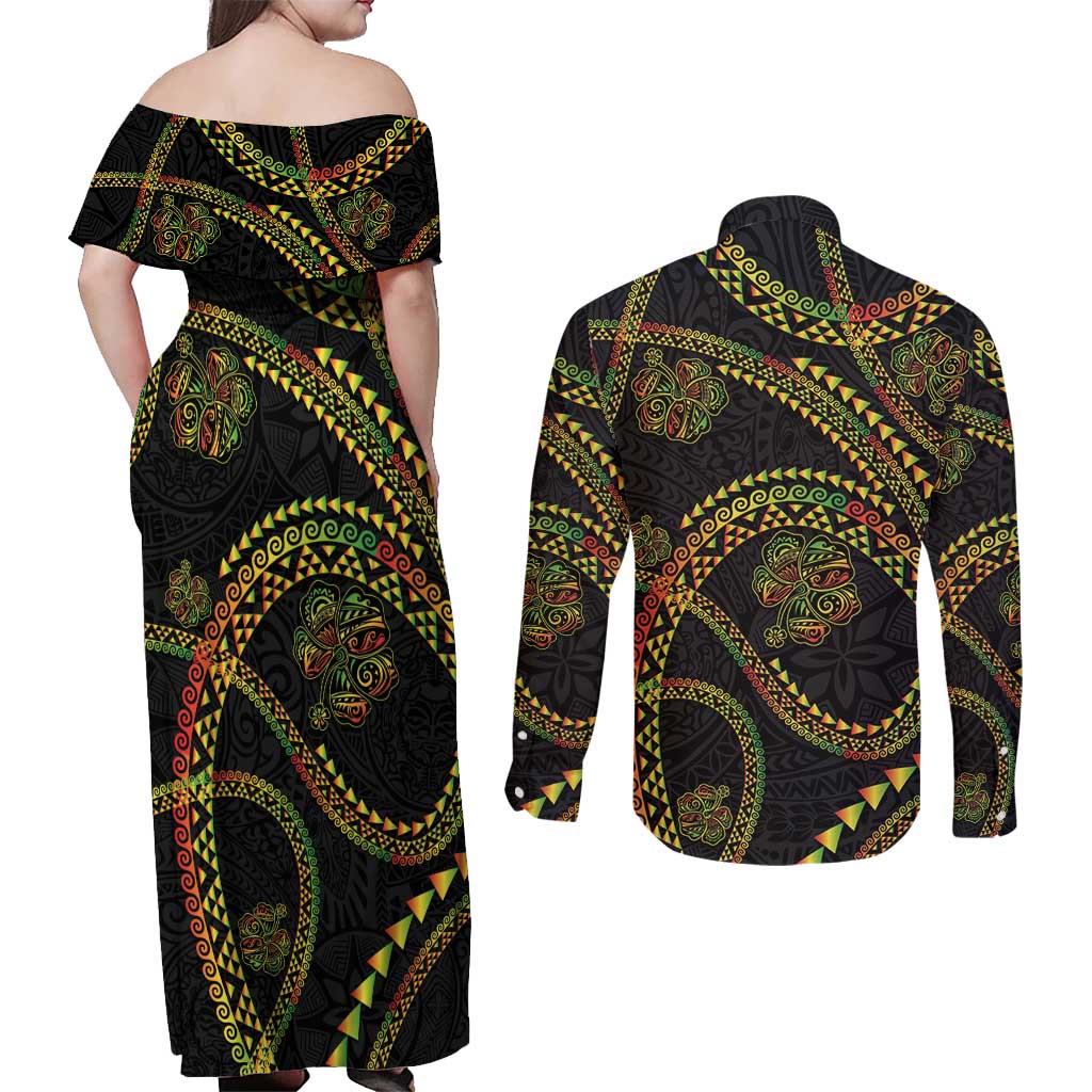 Hawaiian Kakau Art and Hisbiscus Tattoo Couples Matching Off Shoulder Maxi Dress and Long Sleeve Button Shirt Tribal Pattern-Reggae Style LT03 - Polynesian Pride
