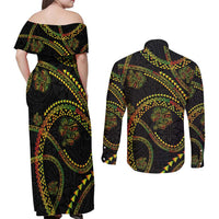 Hawaiian Kakau Art and Hisbiscus Tattoo Couples Matching Off Shoulder Maxi Dress and Long Sleeve Button Shirt Tribal Pattern-Reggae Style LT03 - Polynesian Pride