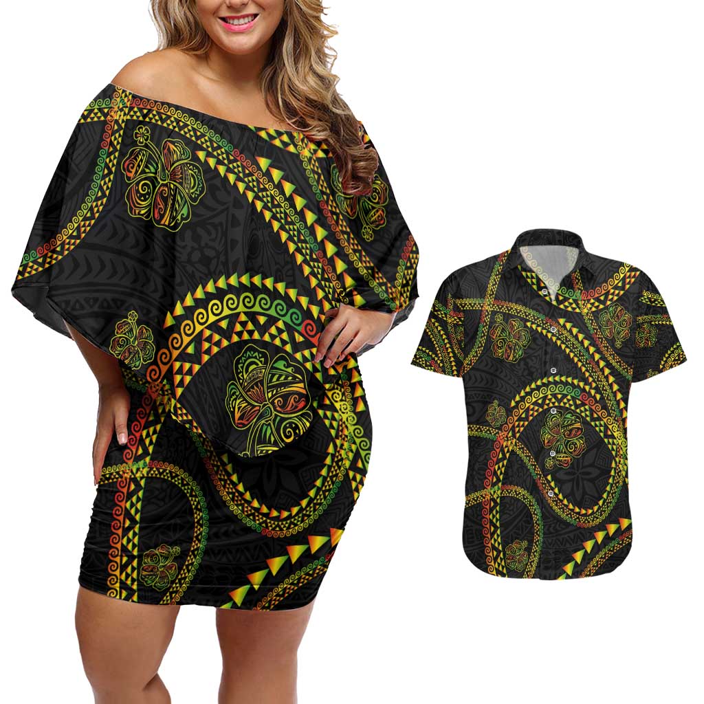 Hawaiian Kakau Art and Hisbiscus Tattoo Couples Matching Off Shoulder Short Dress and Hawaiian Shirt Tribal Pattern-Reggae Style LT03 Black - Polynesian Pride