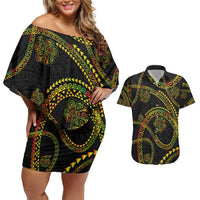 Hawaiian Kakau Art and Hisbiscus Tattoo Couples Matching Off Shoulder Short Dress and Hawaiian Shirt Tribal Pattern-Reggae Style LT03 Black - Polynesian Pride