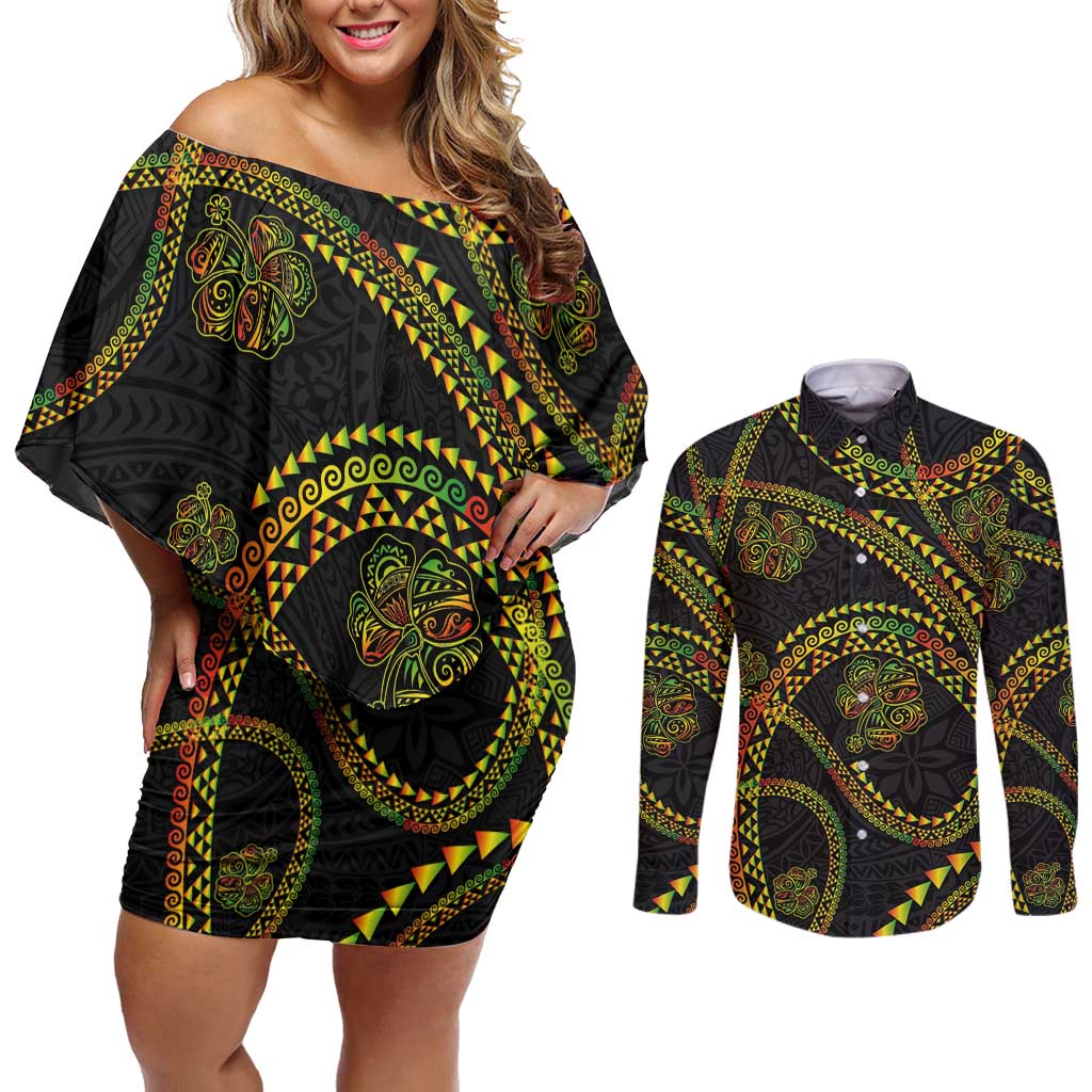 Hawaiian Kakau Art and Hisbiscus Tattoo Couples Matching Off Shoulder Short Dress and Long Sleeve Button Shirt Tribal Pattern-Reggae Style LT03 Black - Polynesian Pride