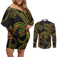 Hawaiian Kakau Art and Hisbiscus Tattoo Couples Matching Off Shoulder Short Dress and Long Sleeve Button Shirt Tribal Pattern-Reggae Style LT03 Black - Polynesian Pride