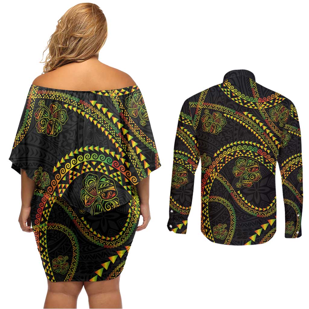 Hawaiian Kakau Art and Hisbiscus Tattoo Couples Matching Off Shoulder Short Dress and Long Sleeve Button Shirt Tribal Pattern-Reggae Style LT03 - Polynesian Pride