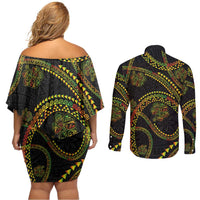 Hawaiian Kakau Art and Hisbiscus Tattoo Couples Matching Off Shoulder Short Dress and Long Sleeve Button Shirt Tribal Pattern-Reggae Style LT03 - Polynesian Pride