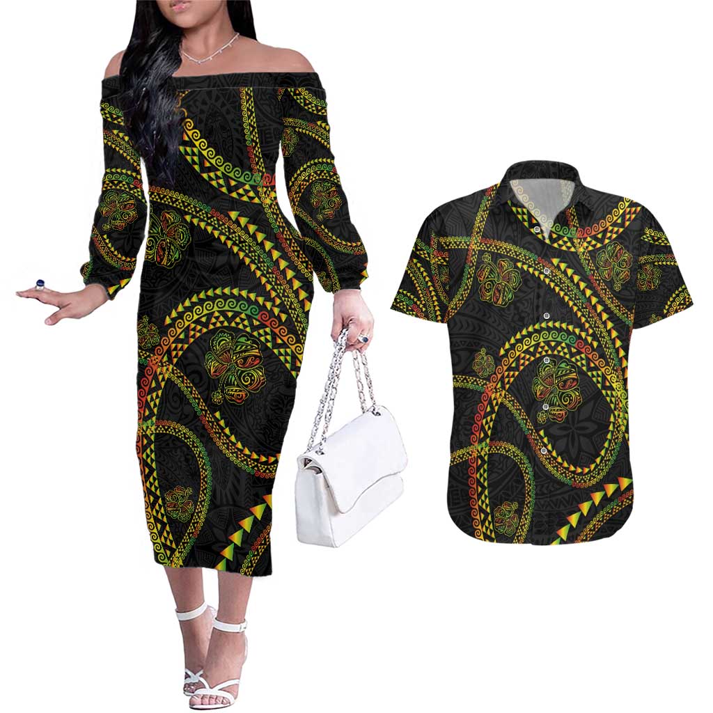 Hawaiian Kakau Art and Hisbiscus Tattoo Couples Matching Off The Shoulder Long Sleeve Dress and Hawaiian Shirt Tribal Pattern-Reggae Style LT03 Black - Polynesian Pride