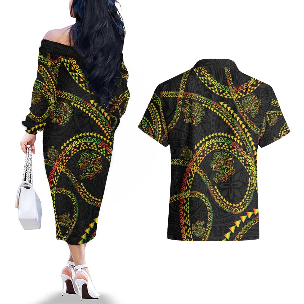 Hawaiian Kakau Art and Hisbiscus Tattoo Couples Matching Off The Shoulder Long Sleeve Dress and Hawaiian Shirt Tribal Pattern-Reggae Style LT03 - Polynesian Pride