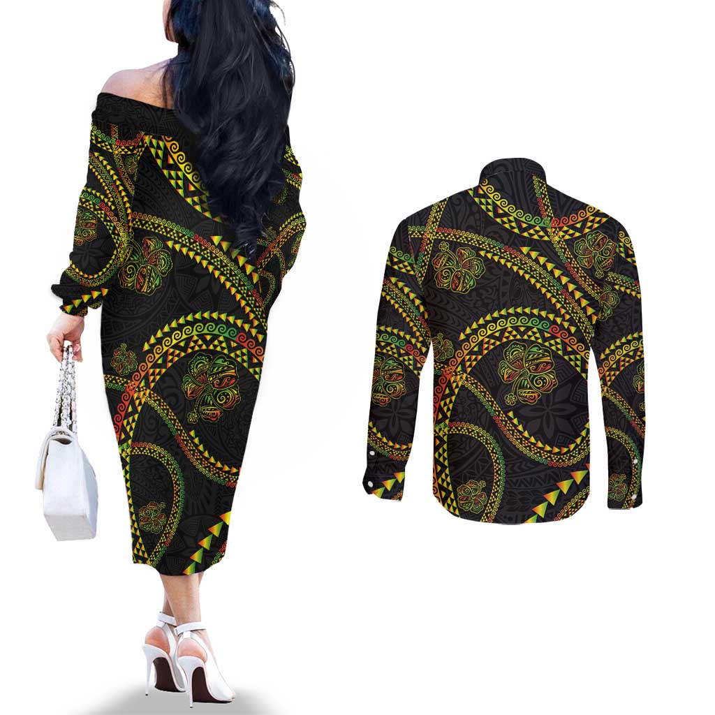 Hawaiian Kakau Art and Hisbiscus Tattoo Couples Matching Off The Shoulder Long Sleeve Dress and Long Sleeve Button Shirt Tribal Pattern-Reggae Style LT03 - Polynesian Pride