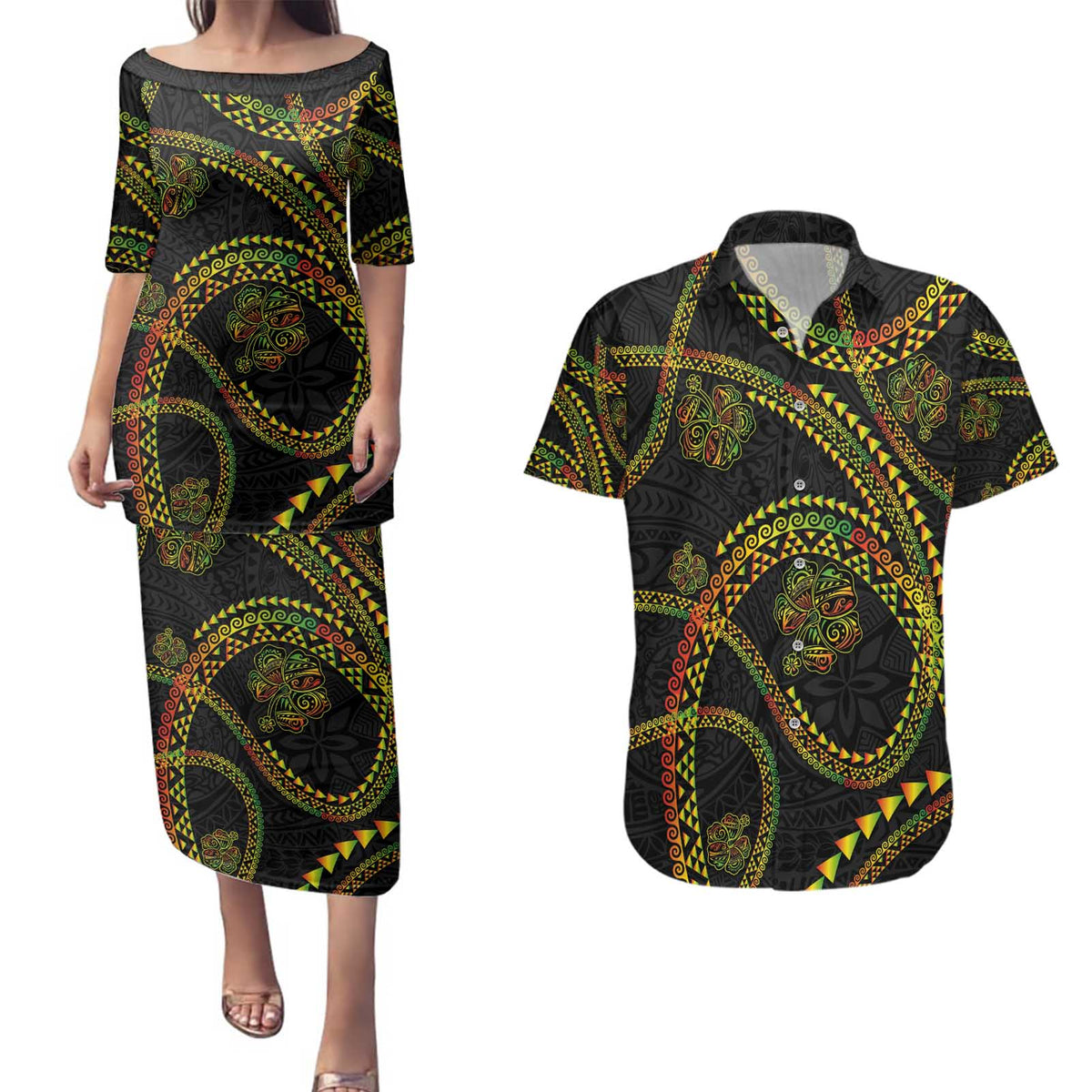 Hawaiian Kakau Art and Hisbiscus Tattoo Couples Matching Puletasi and Hawaiian Shirt Tribal Pattern-Reggae Style LT03 Black - Polynesian Pride