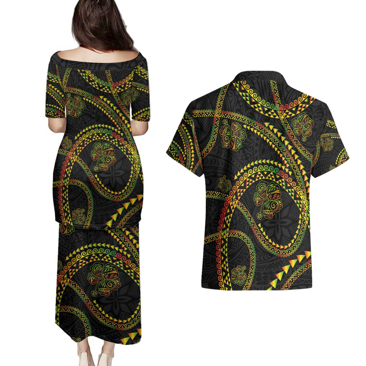Hawaiian Kakau Art and Hisbiscus Tattoo Couples Matching Puletasi and Hawaiian Shirt Tribal Pattern-Reggae Style LT03 - Polynesian Pride