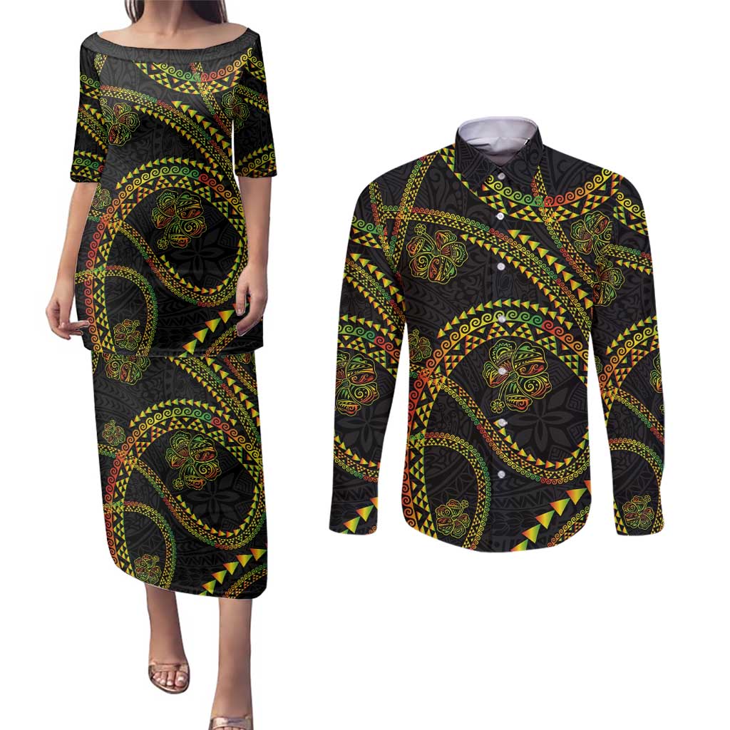 Hawaiian Kakau Art and Hisbiscus Tattoo Couples Matching Puletasi and Long Sleeve Button Shirt Tribal Pattern-Reggae Style LT03 Black - Polynesian Pride