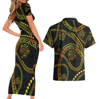Hawaiian Kakau Art and Hisbiscus Tattoo Couples Matching Short Sleeve Bodycon Dress and Hawaiian Shirt Tribal Pattern-Reggae Style LT03 - Polynesian Pride