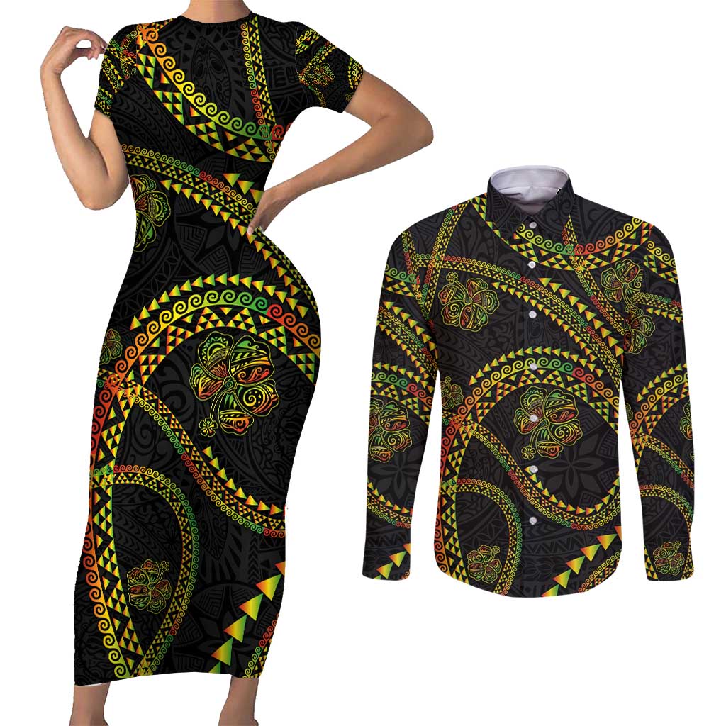 Hawaiian Kakau Art and Hisbiscus Tattoo Couples Matching Short Sleeve Bodycon Dress and Long Sleeve Button Shirt Tribal Pattern-Reggae Style LT03 Black - Polynesian Pride