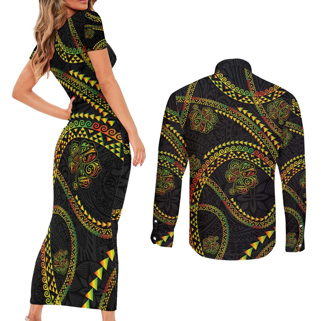 Hawaiian Kakau Art and Hisbiscus Tattoo Couples Matching Short Sleeve Bodycon Dress and Long Sleeve Button Shirt Tribal Pattern-Reggae Style LT03 - Polynesian Pride