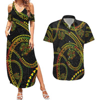 Hawaiian Kakau Art and Hisbiscus Tattoo Couples Matching Summer Maxi Dress and Hawaiian Shirt Tribal Pattern-Reggae Style LT03 Black - Polynesian Pride
