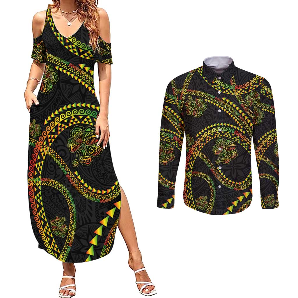 Hawaiian Kakau Art and Hisbiscus Tattoo Couples Matching Summer Maxi Dress and Long Sleeve Button Shirt Tribal Pattern-Reggae Style LT03 Black - Polynesian Pride