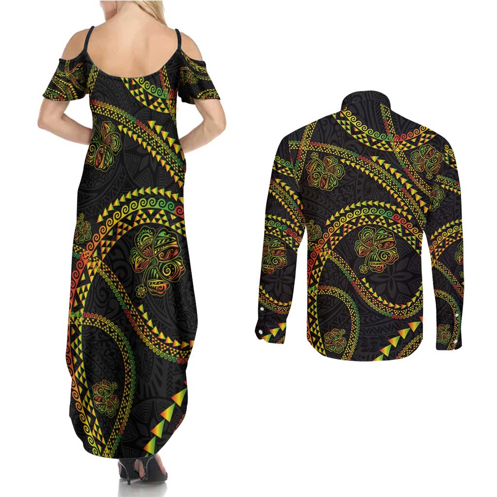 Hawaiian Kakau Art and Hisbiscus Tattoo Couples Matching Summer Maxi Dress and Long Sleeve Button Shirt Tribal Pattern-Reggae Style LT03 - Polynesian Pride