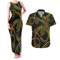 Hawaiian Kakau Art and Hisbiscus Tattoo Couples Matching Tank Maxi Dress and Hawaiian Shirt Tribal Pattern-Reggae Style LT03 Black - Polynesian Pride
