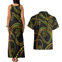 Hawaiian Kakau Art and Hisbiscus Tattoo Couples Matching Tank Maxi Dress and Hawaiian Shirt Tribal Pattern-Reggae Style LT03 - Polynesian Pride