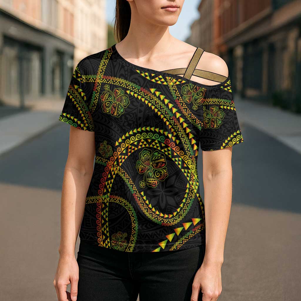 Hawaiian Kakau Art and Hisbiscus Tattoo Cross Shoulder Shirt Tribal Pattern-Reggae Style - Polynesian Pride