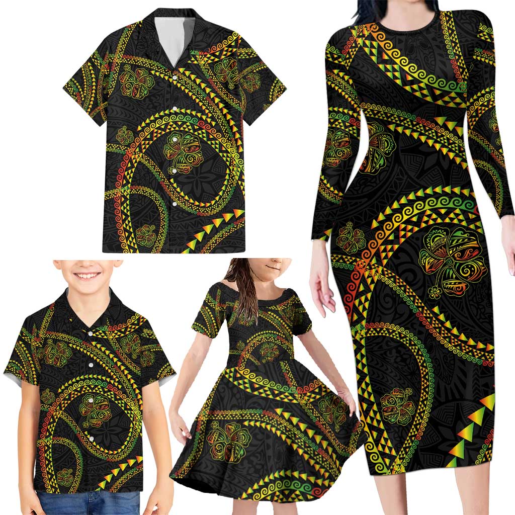 Hawaiian Kakau Art and Hisbiscus Tattoo Family Matching Long Sleeve Bodycon Dress and Hawaiian Shirt Tribal Pattern-Reggae Style LT03 - Polynesian Pride