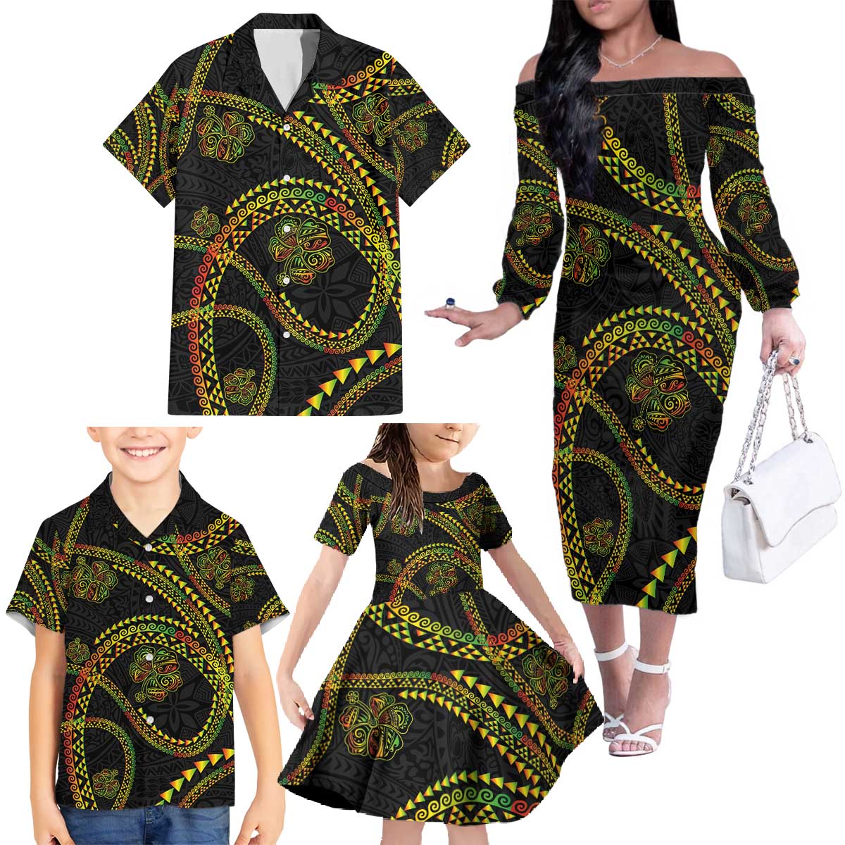 Hawaiian Kakau Art and Hisbiscus Tattoo Family Matching Off The Shoulder Long Sleeve Dress and Hawaiian Shirt Tribal Pattern-Reggae Style LT03 - Polynesian Pride