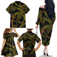 Hawaiian Kakau Art and Hisbiscus Tattoo Family Matching Off The Shoulder Long Sleeve Dress and Hawaiian Shirt Tribal Pattern-Reggae Style LT03 - Polynesian Pride
