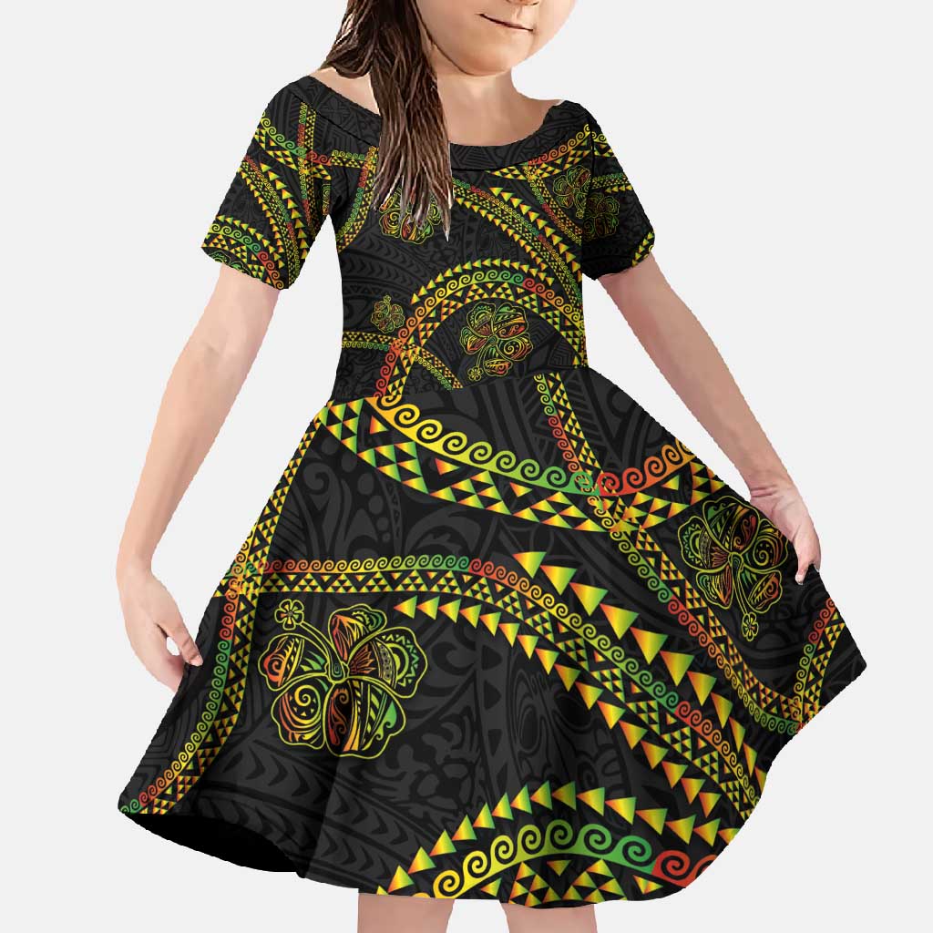 Hawaiian Kakau Art and Hisbiscus Tattoo Family Matching Off Shoulder Maxi Dress and Hawaiian Shirt Tribal Pattern-Reggae Style LT03 Daughter's Dress Black - Polynesian Pride