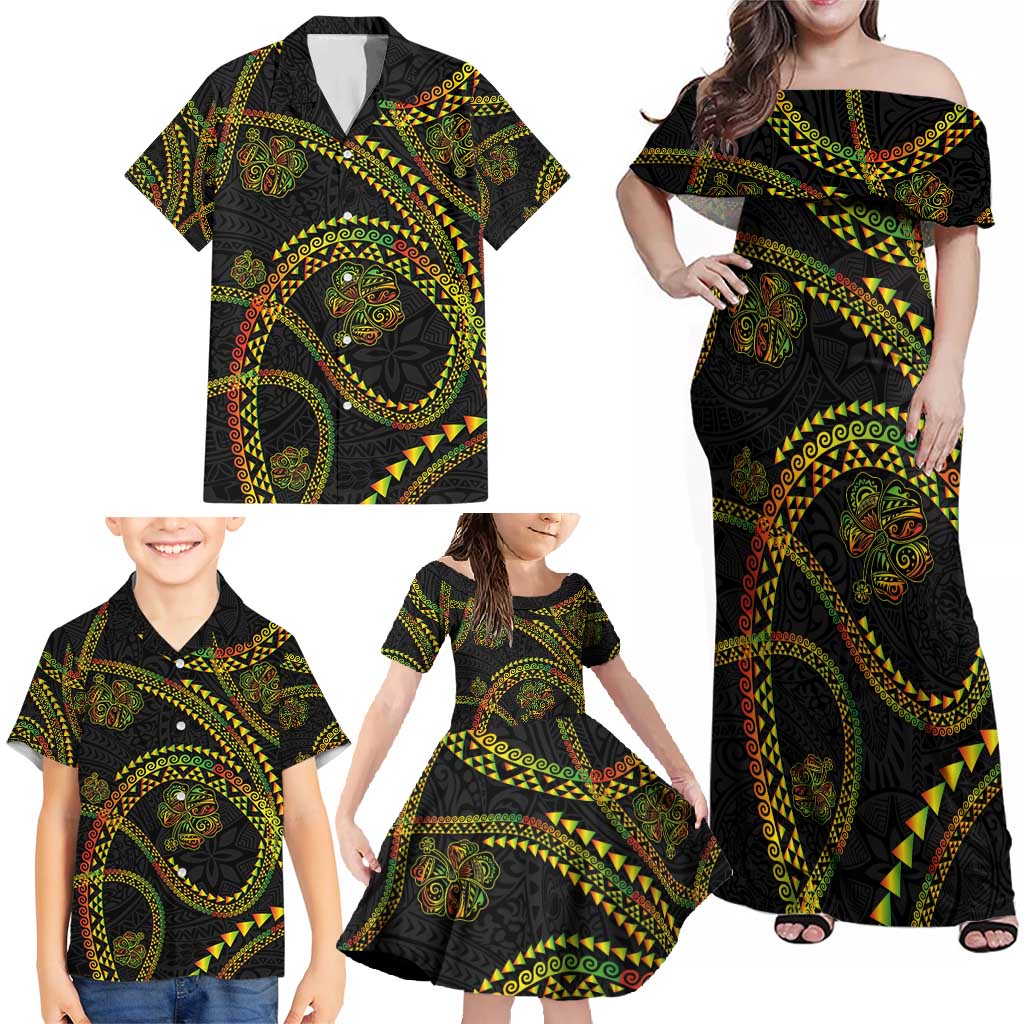 Hawaiian Kakau Art and Hisbiscus Tattoo Family Matching Off Shoulder Maxi Dress and Hawaiian Shirt Tribal Pattern-Reggae Style LT03 - Polynesian Pride