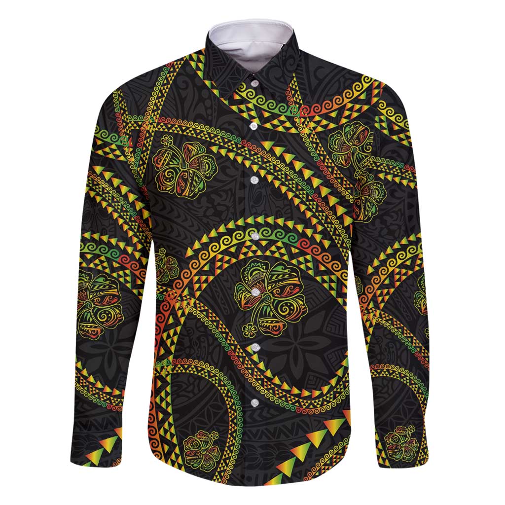 Hawaiian Kakau Art and Hisbiscus Tattoo Family Matching Off Shoulder Maxi Dress and Hawaiian Shirt Tribal Pattern-Reggae Style LT03 Dad's Shirt - Long Sleeve Black - Polynesian Pride