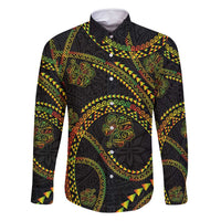 Hawaiian Kakau Art and Hisbiscus Tattoo Family Matching Off Shoulder Maxi Dress and Hawaiian Shirt Tribal Pattern-Reggae Style LT03 Dad's Shirt - Long Sleeve Black - Polynesian Pride