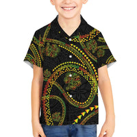 Hawaiian Kakau Art and Hisbiscus Tattoo Family Matching Off Shoulder Maxi Dress and Hawaiian Shirt Tribal Pattern-Reggae Style LT03 Son's Shirt Black - Polynesian Pride