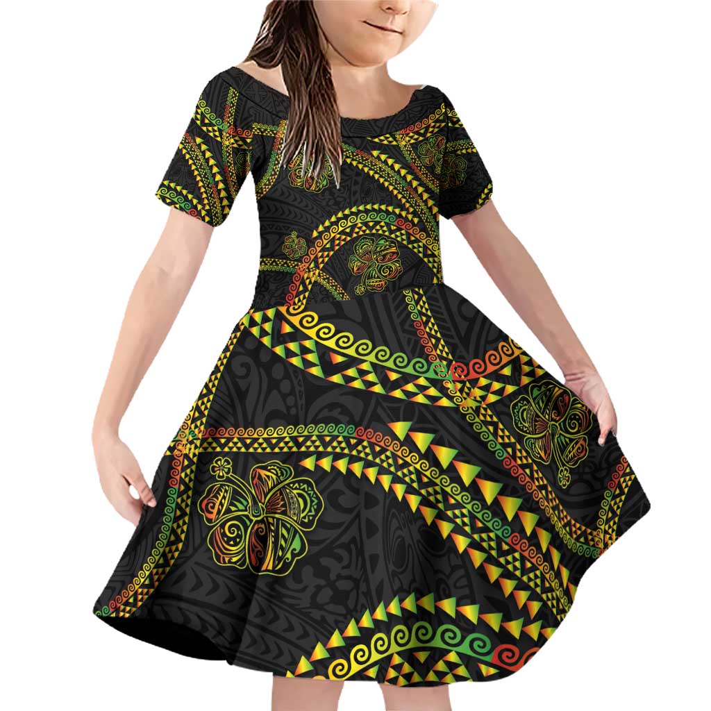 Hawaiian Kakau Art and Hisbiscus Tattoo Family Matching Off Shoulder Short Dress and Hawaiian Shirt Tribal Pattern-Reggae Style LT03 Daughter's Dress Black - Polynesian Pride