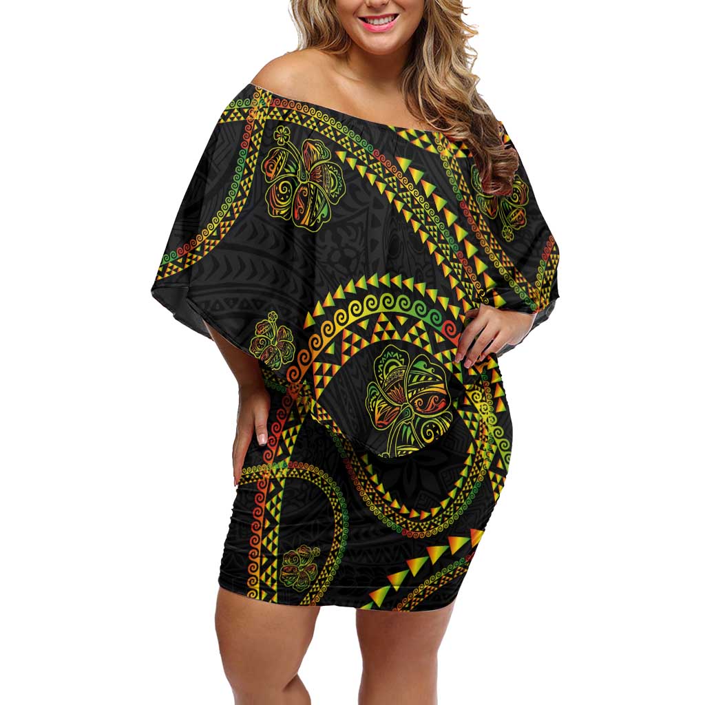 Hawaiian Kakau Art and Hisbiscus Tattoo Family Matching Off Shoulder Short Dress and Hawaiian Shirt Tribal Pattern-Reggae Style LT03 Mom's Dress Black - Polynesian Pride