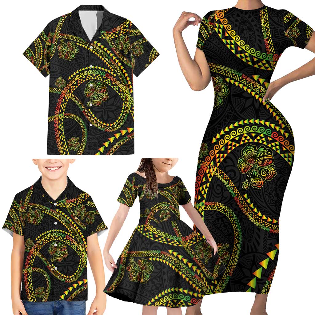 Hawaiian Kakau Art and Hisbiscus Tattoo Family Matching Short Sleeve Bodycon Dress and Hawaiian Shirt Tribal Pattern-Reggae Style LT03 - Polynesian Pride