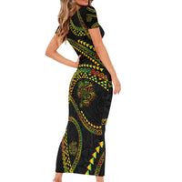 Hawaiian Kakau Art and Hisbiscus Tattoo Family Matching Short Sleeve Bodycon Dress and Hawaiian Shirt Tribal Pattern-Reggae Style LT03 - Polynesian Pride