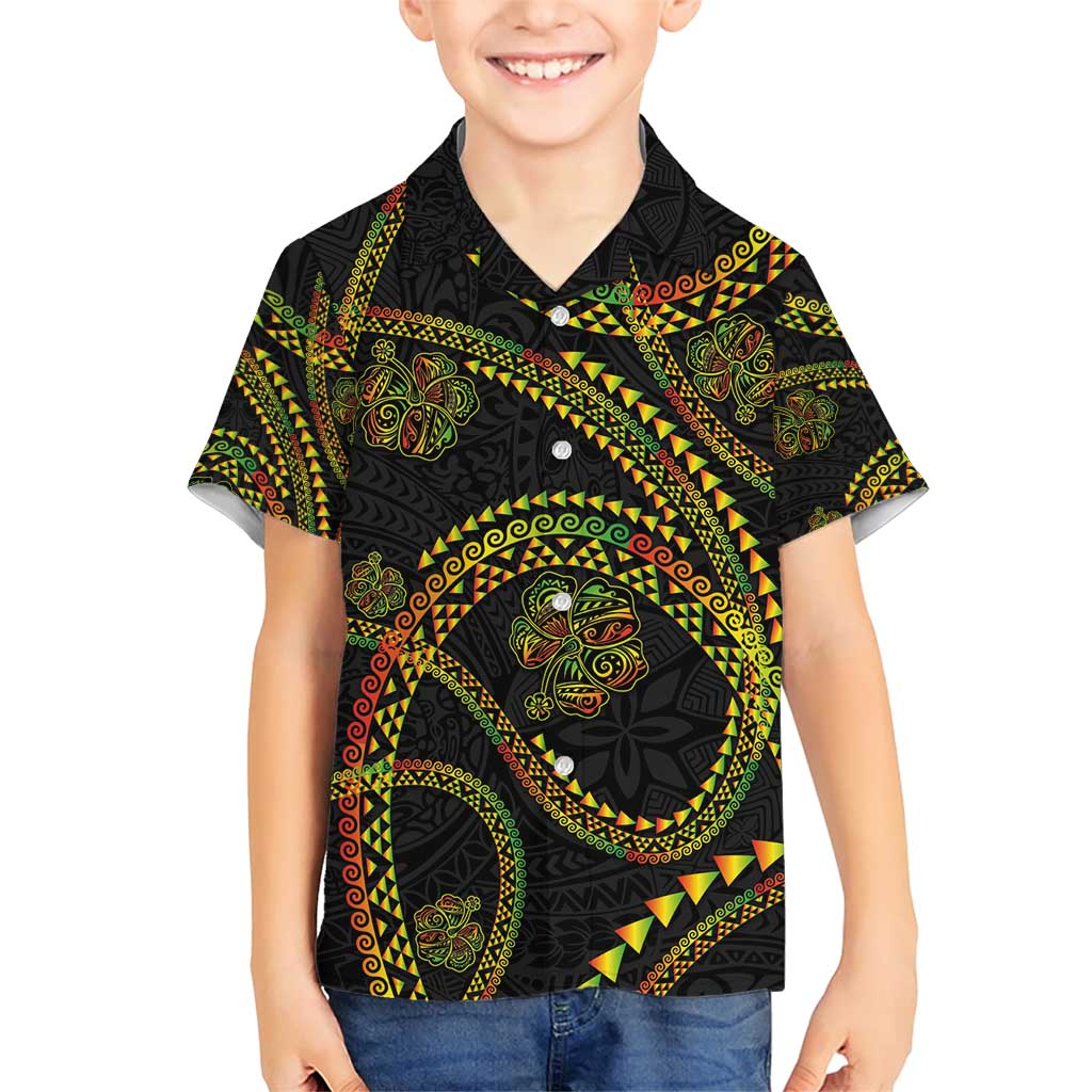 Hawaiian Kakau Art and Hisbiscus Tattoo Family Matching Short Sleeve Bodycon Dress and Hawaiian Shirt Tribal Pattern-Reggae Style LT03 Son's Shirt Black - Polynesian Pride