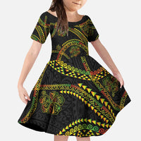 Hawaiian Kakau Art and Hisbiscus Tattoo Family Matching Tank Maxi Dress and Hawaiian Shirt Tribal Pattern-Reggae Style LT03 Daughter's Dress Black - Polynesian Pride