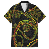 Hawaiian Kakau Art and Hisbiscus Tattoo Family Matching Tank Maxi Dress and Hawaiian Shirt Tribal Pattern-Reggae Style LT03 Dad's Shirt - Short Sleeve Black - Polynesian Pride